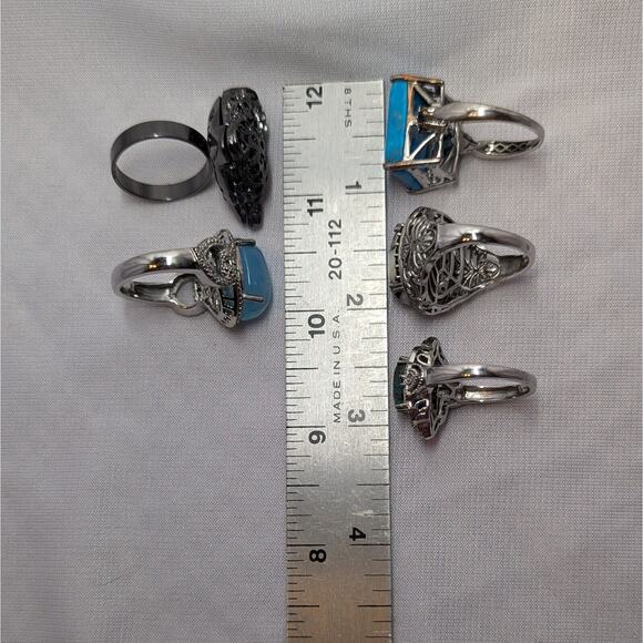 Statement Rings Sz 10 Gemstone Rhinestone Lot Of 5 Silver Tone Leopard Turquoise - Picture 5 of 5